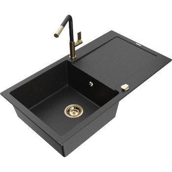 Mexen Leo еднокоморна гранитна мивка с отцедник и кухненски смесител Flora, черен/сребърен металик - 6501-73-670401-57-G (6501-73-670401-57-G)