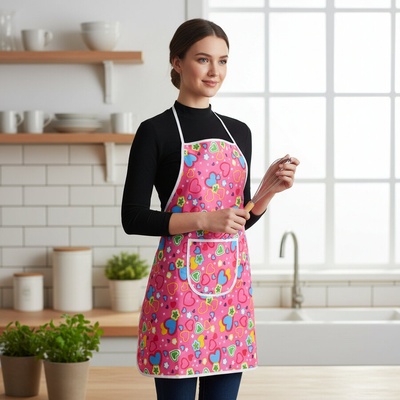 Готварска престилка в розово с цветни сърца