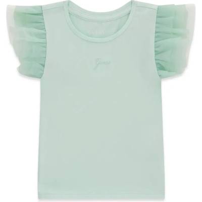 GUESS Зелена тениска за мини момиче с шифонени ръкави и бродиран надпис Guess