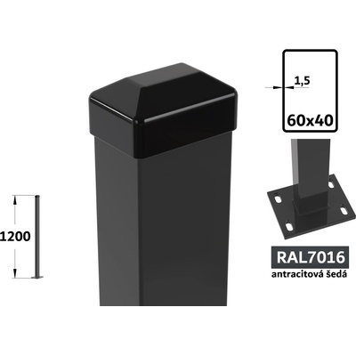 Plotový stĺpik 120 cm s pätkou, 60×40×1,5 mm, antracitová šedá