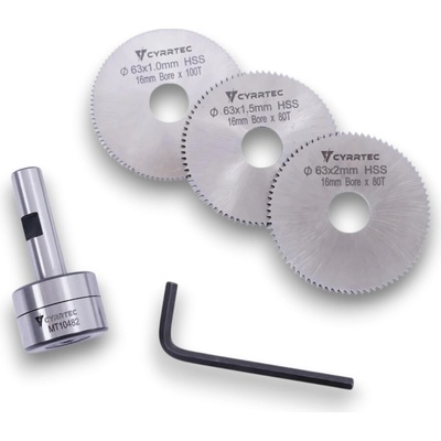 Sada kotoučových fréz Ø 63 mm s unašečem – tloušťky 1 / 1,5 / 2 mm, stopka 12 mm