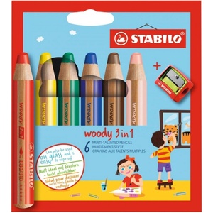STABILO Комплект цветни моливи, Stabilo, Woody 3 в 1 + острилка ST8806-2, 6 цвята (ST8806-2)