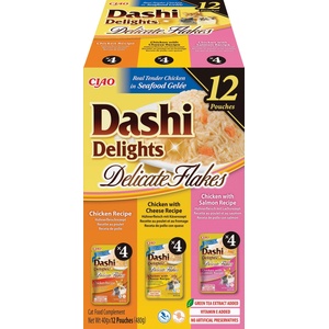 Inaba Foods Ciao Dashi Delights Delicate Flakes - допълваща храна за котки с вкус на пиле, пиле и сирене, пиле и сьомга, 12 x 40 г