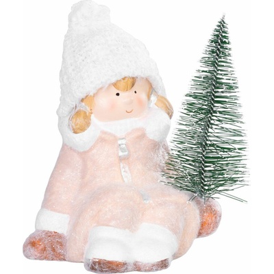 MagicHome Postavička Vianoce Dievčatko so stromčekom terakota 14,5x13x17 cm