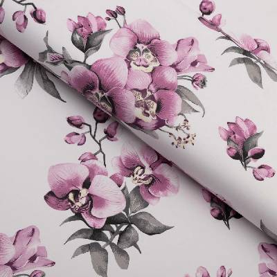 Bavlněná látka/plátno Sandra SA-623 Lila orchideje na bílém - šířka 160 cm
