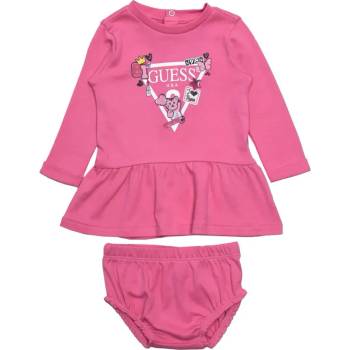 Guess Памучна рокля в цикламено за бебе момиче с бяло лого Guess и детайли