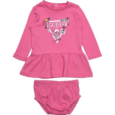 Guess Памучна рокля в цикламено за бебе момиче с бяло лого Guess и детайли