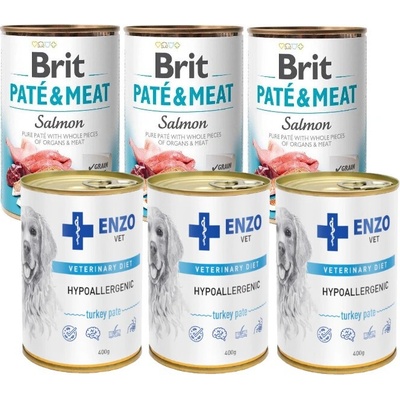 Brit Paté & Meat Salomon 3 x 400 g & Enzo Vet Hypoalergénne krmivo s morkou 3 x 400 g