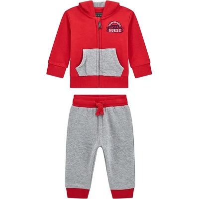 Guess Спортен екип със суичър с цип в червено и светло сиво за бебе момче Guess