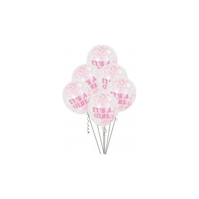 Unique Balónek transparentní 30cm potisk It´s a girl s růžovými konfetami