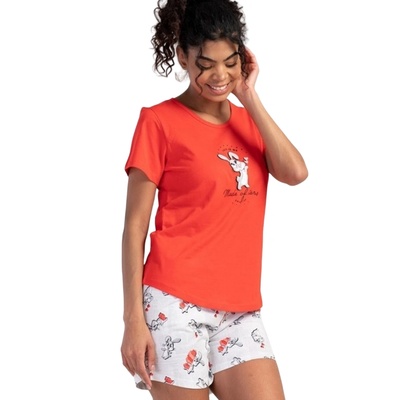 Дамска пижама с къси ръкави в червено със зайче
