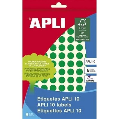 Etikety, okrúhle, priemer 10 mm, ručne popisovateľné, farebné, APLI, zelené, 1008 etikiet bal