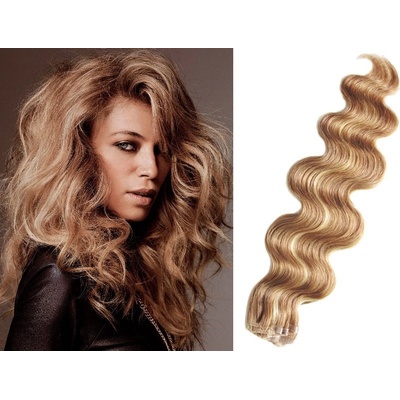 Vlasy pro metodu Pu Extension / TapeX / Tape Hair / Tape IN 60cm vlnité - prírodná / svetlejšie blond