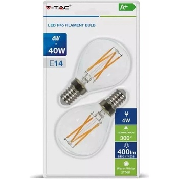 V-TAC žiarovka LED Filament E14, 4W, 400lm, P45, 2700K/2-PACK!