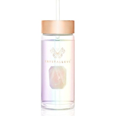 Crystallove Clear Quartz Straw Water Bottle skleněná láhev na vodu s brčkem Hologram - Rose Quartz 400 ml