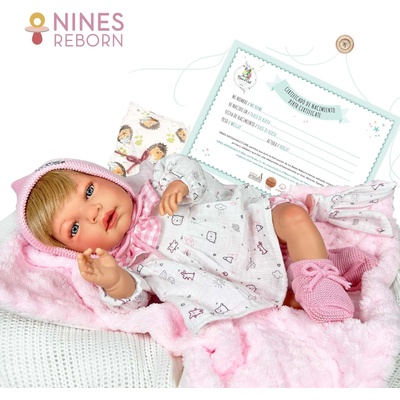 Ръчно изработена кукла от Испания - Reborn Baby Doll - Реалистично бебе с одеяло, шапка и аксесоари в розов цвят (NDO-0232)