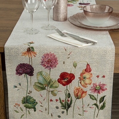 Takoy Běhoun na stůl šedobéžovo-červený 45x140 cm gobelínový s motivem letních květin-HF-425599 | 45 x 140 cm