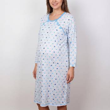 Бяла нощница за кърмене с дълъг ръкав на сини сърчица