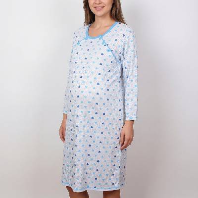 Бяла нощница за кърмене с дълъг ръкав на сини сърчица