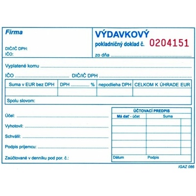 Igaz 311 Výdavkový pokladničný doklad, s DPH, čislovaný, samoprepis, A6, 100 listov