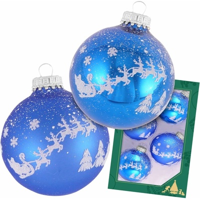 Krebs Glas Lauscha Ručne maľované sklenené vianočné gule – modré so strieborným motívom Santa Clausa a sobov (4 ks, Ø 7 cm)
