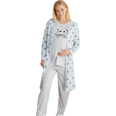 Комплект за бременни пижама с халат в сиво с маргарити
