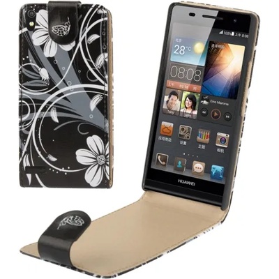 Huawei Ascend P6 Black Flower Flip Калъф + Скрийн Протектор