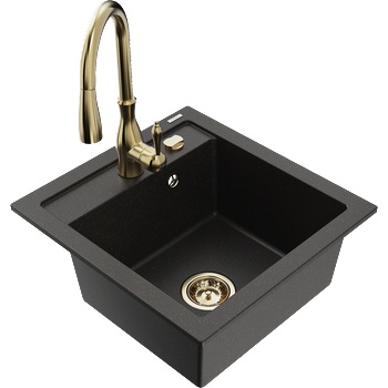 Mexen Vito гранитна мивка с 1 камера с кухненски смесител Savita, черни/златист металик - 6503-75-672601-50 (6503-75-672601-50)