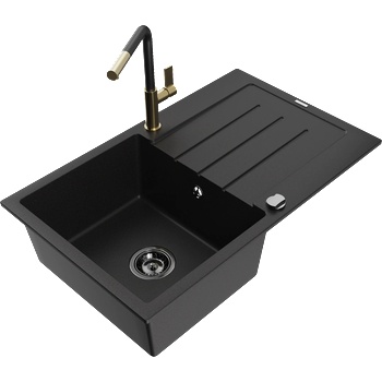 Mexen Bruno гранитна мивка с 1 корито с отцедник и кухненски смесител Flora, черен - 6513-77-670401-57-B (6513-77-670401-57-B)