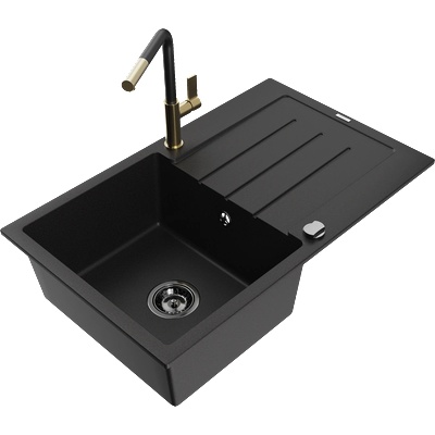 Mexen Bruno гранитна мивка с 1 корито с отцедник и кухненски смесител Flora, черен - 6513-77-670401-57-B (6513-77-670401-57-B)