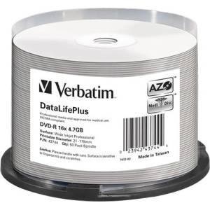 Verbatim DVD-R диск, за печат, матов, без идентификатор, 4, 7GB, 16x, 50 бр. , на ролка, VERBATIM 43744 (43744)