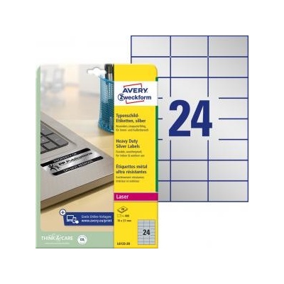 Etikety polyesterové veľmi odolné 70x37mm Avery A4 strieborné 20 hárkov