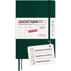 Leuchtturm1917 Weekly Calendar 2027 Medium (A5) - German, Forest Green, Hardcover, 12 months - January-December 2027, 1 week per double page, 80 g/m2 paper with high ink compatibility - 400106 (400106)