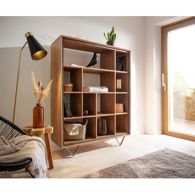 DELIFE Skříň Stonegrace 120x150 akácie přírodní 12 přihrádek kamenná dýha podnož ve tvaru "V"