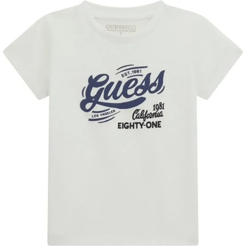 GUESS Бяла тениска за мини момче със син надпис Guess