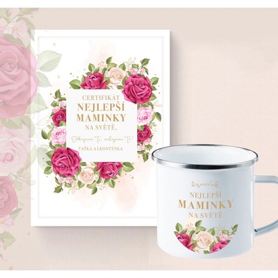 Set plakátu a plecháčku CERTIFIKÁT NEJLEPŠÍ MAMINKY Rozměr plakátu: A3 (29,7 x 42 cm), Rámeček: Bílý rámeček