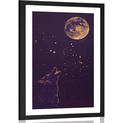 Plakát s paspartou vlk v úplňku měsíce - 40x60 white