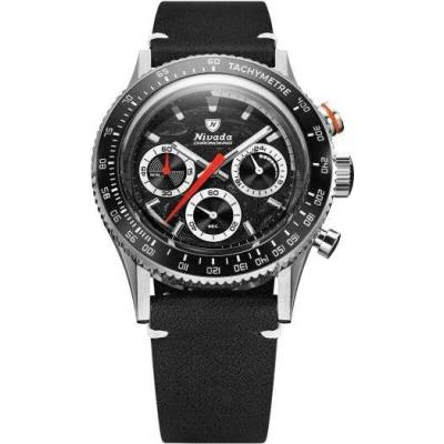Nivada Grenchen Chronoking Meca Racing Black - Inter. Bezel - Black Leather White Stitching