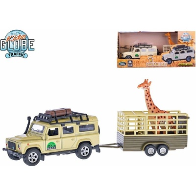 Mikro Trading Auto Land Rover Defender kov 13 cm s prívesom a žirafou na spätné natiahnutie v krabičke