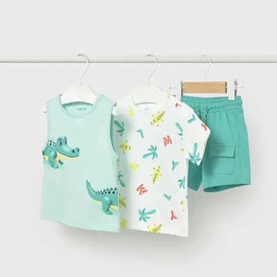 Mayoral Комплект трикотаж къс ръкав, топ с презрамки и къси спортни панталони Тюркоазен за бебе момче Mayoral