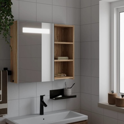 vidaXL Огледален шкаф за баня с LED светлина, дъб, 60x13x52 см (357972)