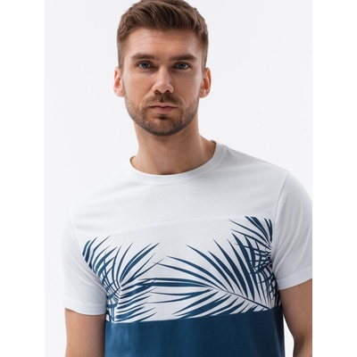 Ombre Clothing Мъжка двуцветна тениска с печат на палмови листа - тъмно синя V1 OM-TSPT-0177 Ombre Clothing Ombre Clothing | Sin | МЪЖЕ | S