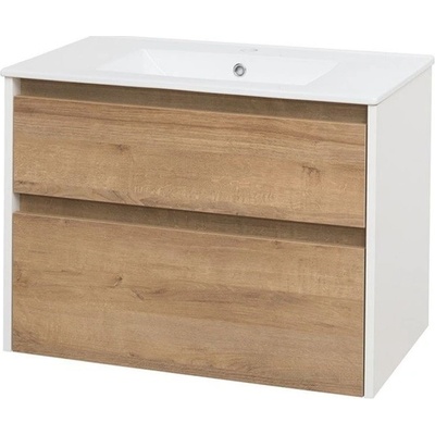 Mereo CN931 Opto, koupelnová skříňka s keramickým umyvadlem 81 cm, bílá/dub Riviera