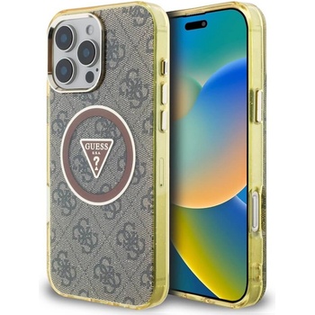 GUESS Хибриден удароустойчив кейс с MagSafe за iPhone 16 Pro - Guess IML 4G Glitter And Triangle Logo MagSafe Case (кафяв-жълт) (GUHMP16LHG4PRTGW)