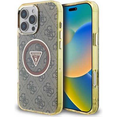 GUESS Хибриден удароустойчив кейс с MagSafe за iPhone 16 Pro - Guess IML 4G Glitter And Triangle Logo MagSafe Case (кафяв-жълт) (GUHMP16LHG4PRTGW)
