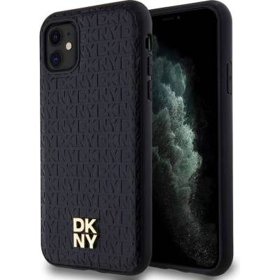 DKNY Repeat Pattern Stack Logo MagSafe Leather Hard Case - дизайнерски кожен кейс с MagSafe за iPhone 11 (черен)