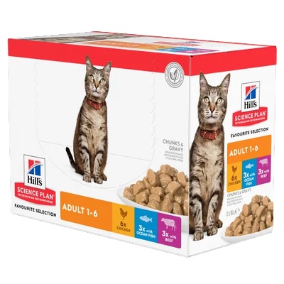 Hill's Hill’s Science Plan Feline Adult FAVOURITE SELECTION - Колекция от 12 паучове - малки късчета в сос Грейви за котки 1-6 години. /6 x с телешко, 3 x с пилешко, 3 x с океанска риба