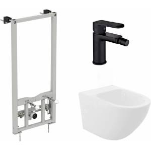 Ideal Standard Комплект монтажна рамка Ideal Standard ProSys, окачено биде Rea Carlo бяло и смесител за биде Invena Siros матово черно (R016267+5902557330355+BB-90-004-A)