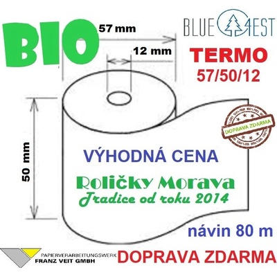 Termo kotouček 57/50/12 BIO 28m BLUE4EST (57mm x 28m) cena za: 10 ks kotoučků ve fólii NOVINKA - bez chemikálií