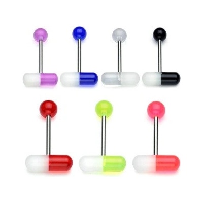 Šperky eshop ocelový piercing do jazyka UV dvoubarevná pilulka W37.24 čirá